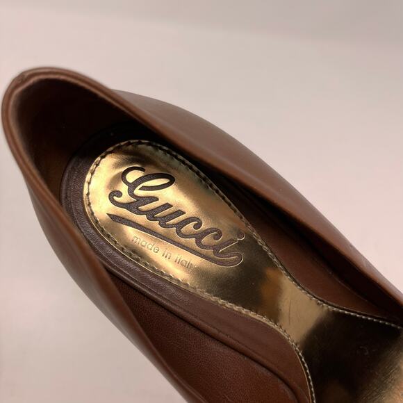Gucci Womens 36 Chocolate Brown Leather Sofia Platform Stiletto Peep Toe Heels - Picture 12 of 16